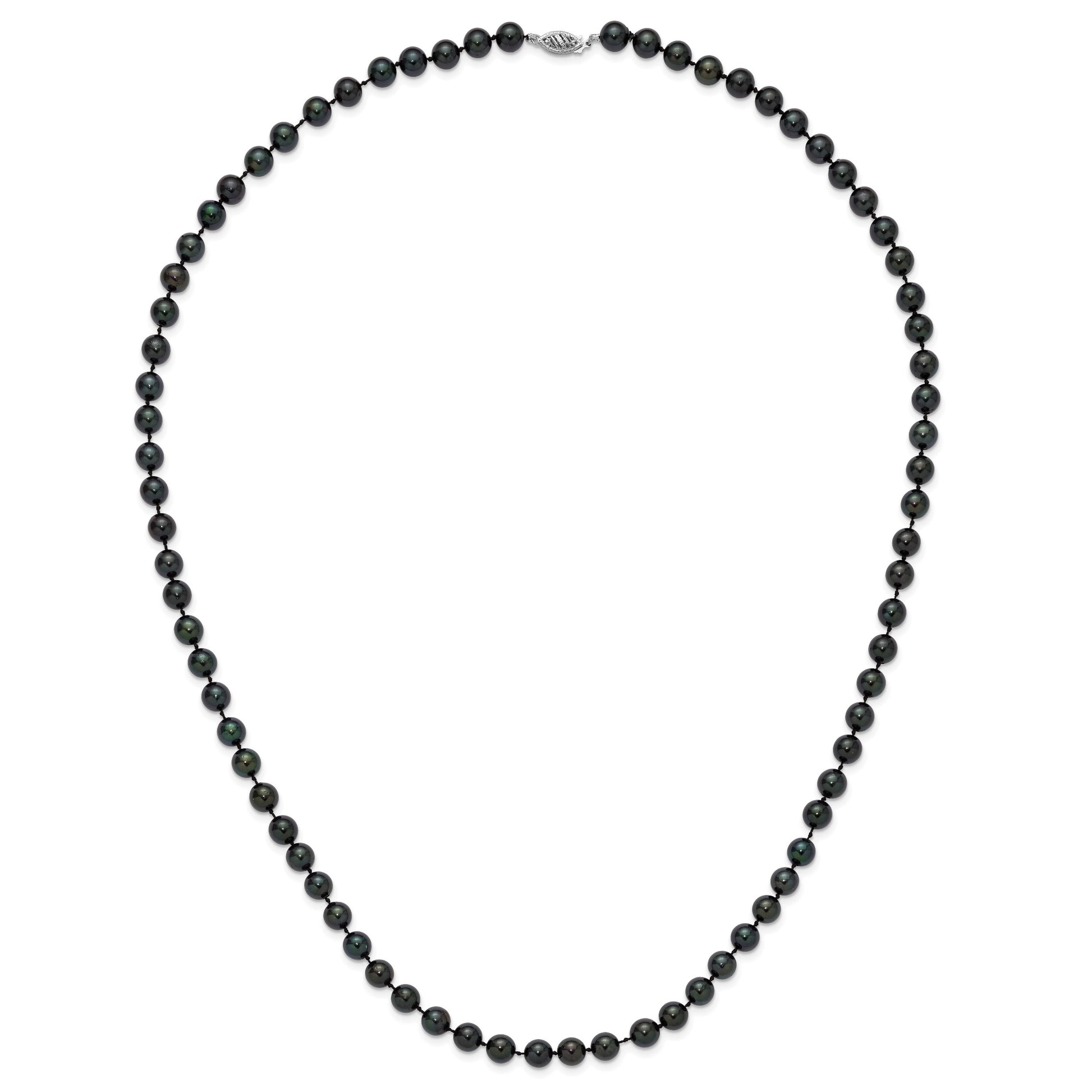 14k White Gold 7-8mm Black Round Akoya Saltwater Cultured Pearl 24 inch Necklace