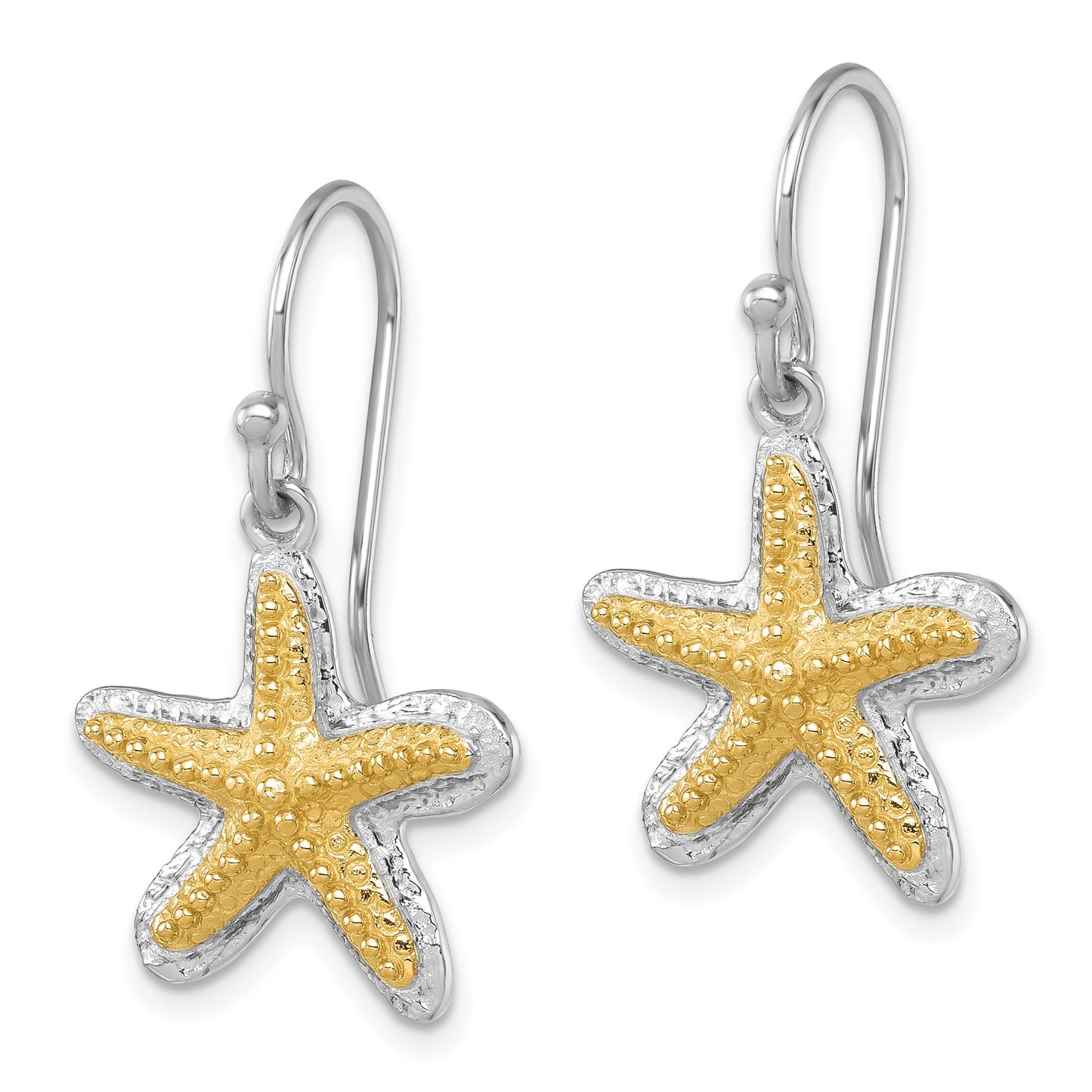 Sterling Silver Rhodium-plated Polished Gold-tone Star Fish Dangle Earrings