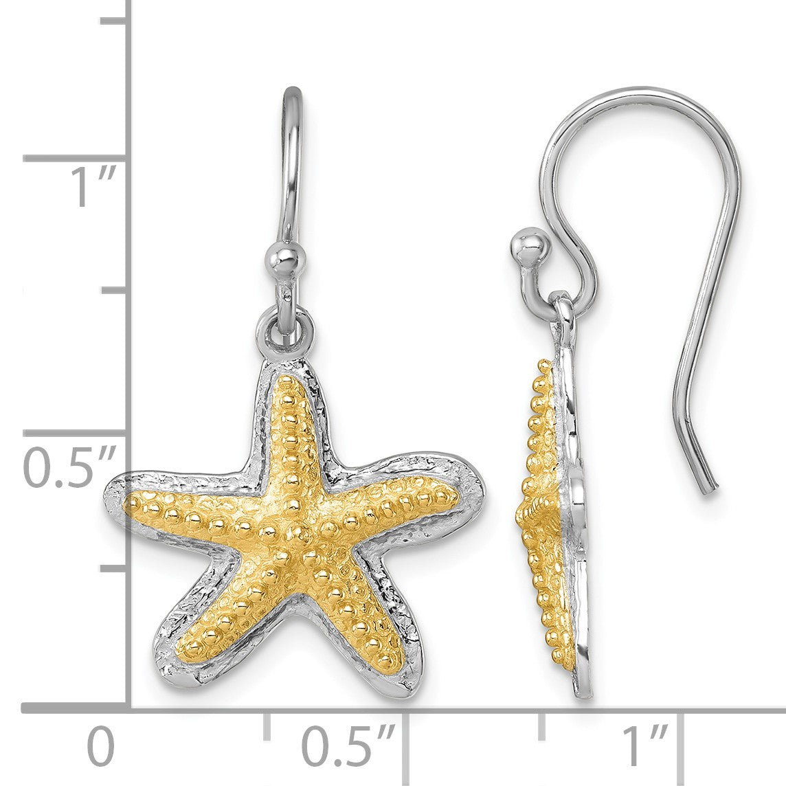 Sterling Silver Rhodium-plated Polished Gold-tone Star Fish Dangle Earrings