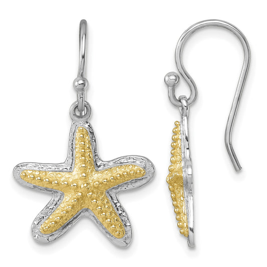 Sterling Silver Rhodium-plated Polished Gold-tone Star Fish Dangle Earrings