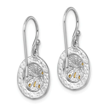 Sterling Silver Rhodium-plated Gold-tone Textured Sand Dollar Dangle Earrin