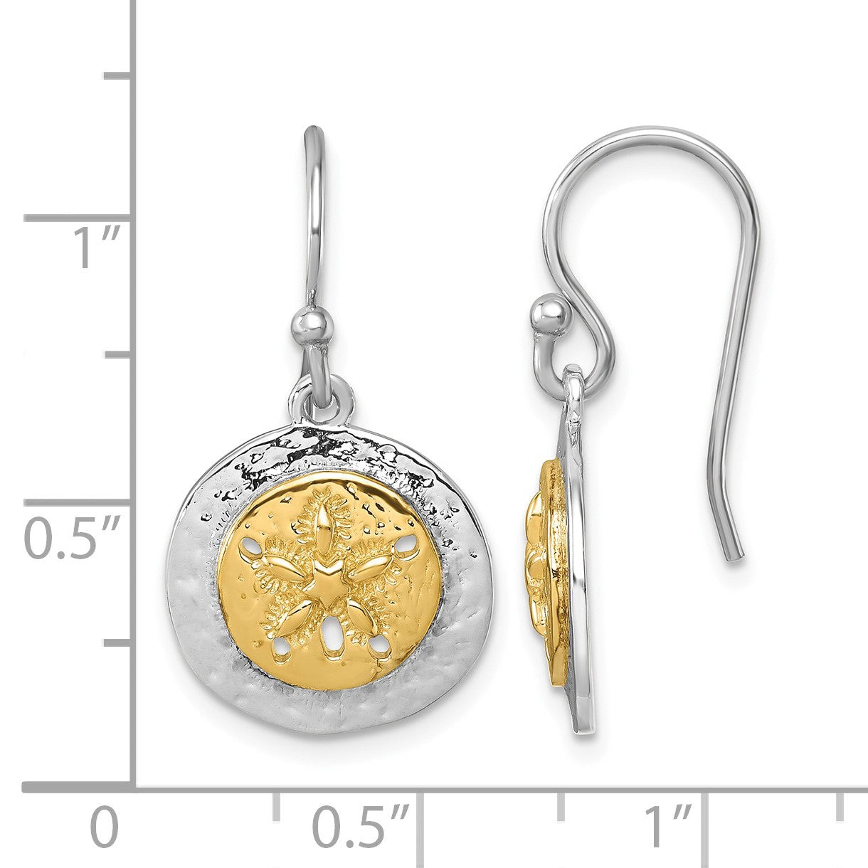 Sterling Silver Rhodium-plated Gold-tone Textured Sand Dollar Dangle Earrin