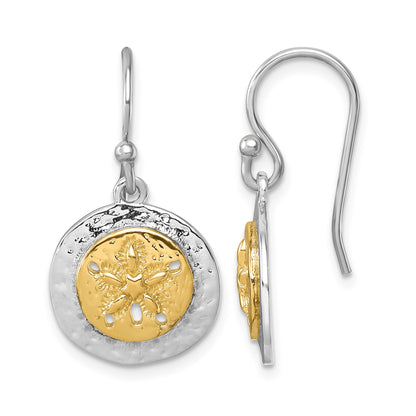 Sterling Silver Rhodium-plated Gold-tone Textured Sand Dollar Dangle Earrin