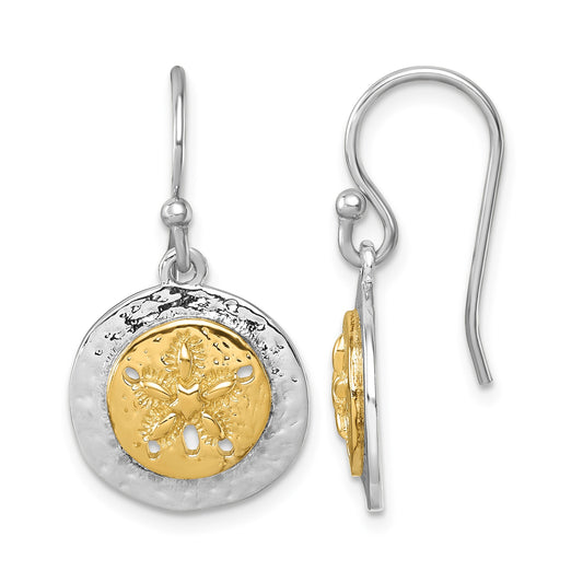 Sterling Silver Rhodium-plated Gold-tone Textured Sand Dollar Dangle Earrin