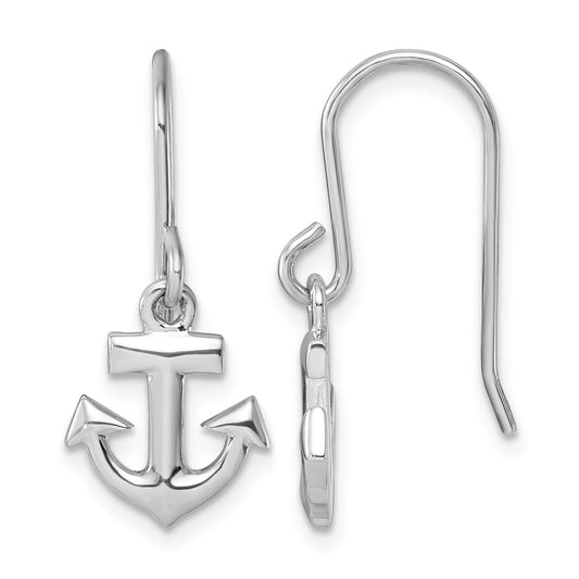 Sterling Silver Rhodium-Plated Polished Anchor Dangle Earrings