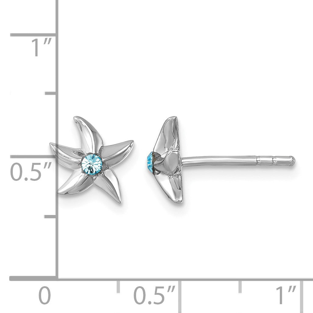 Sterling Silver Rhodium-plated Polished Crystal Starfish Post Earrings