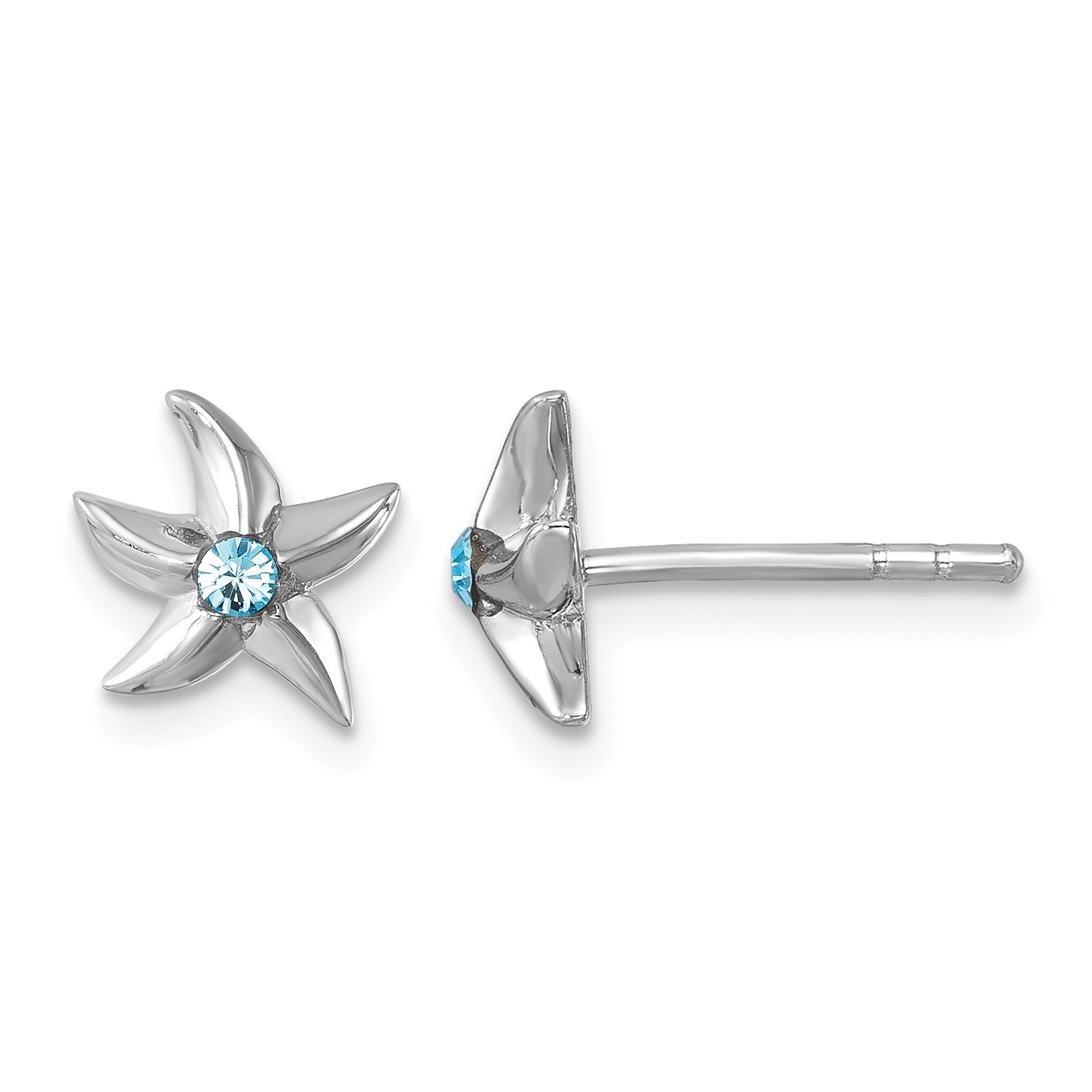 Sterling Silver Rhodium-plated Polished Crystal Starfish Post Earrings