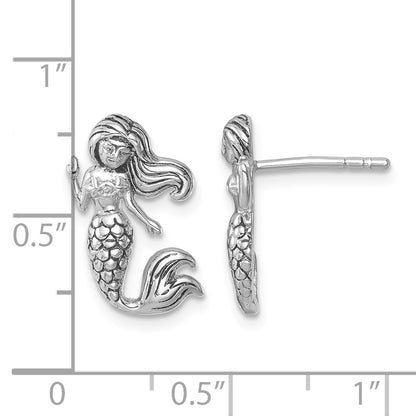 Sterling Silver Rhodium-Plated Antiqued Mermaid Earrings