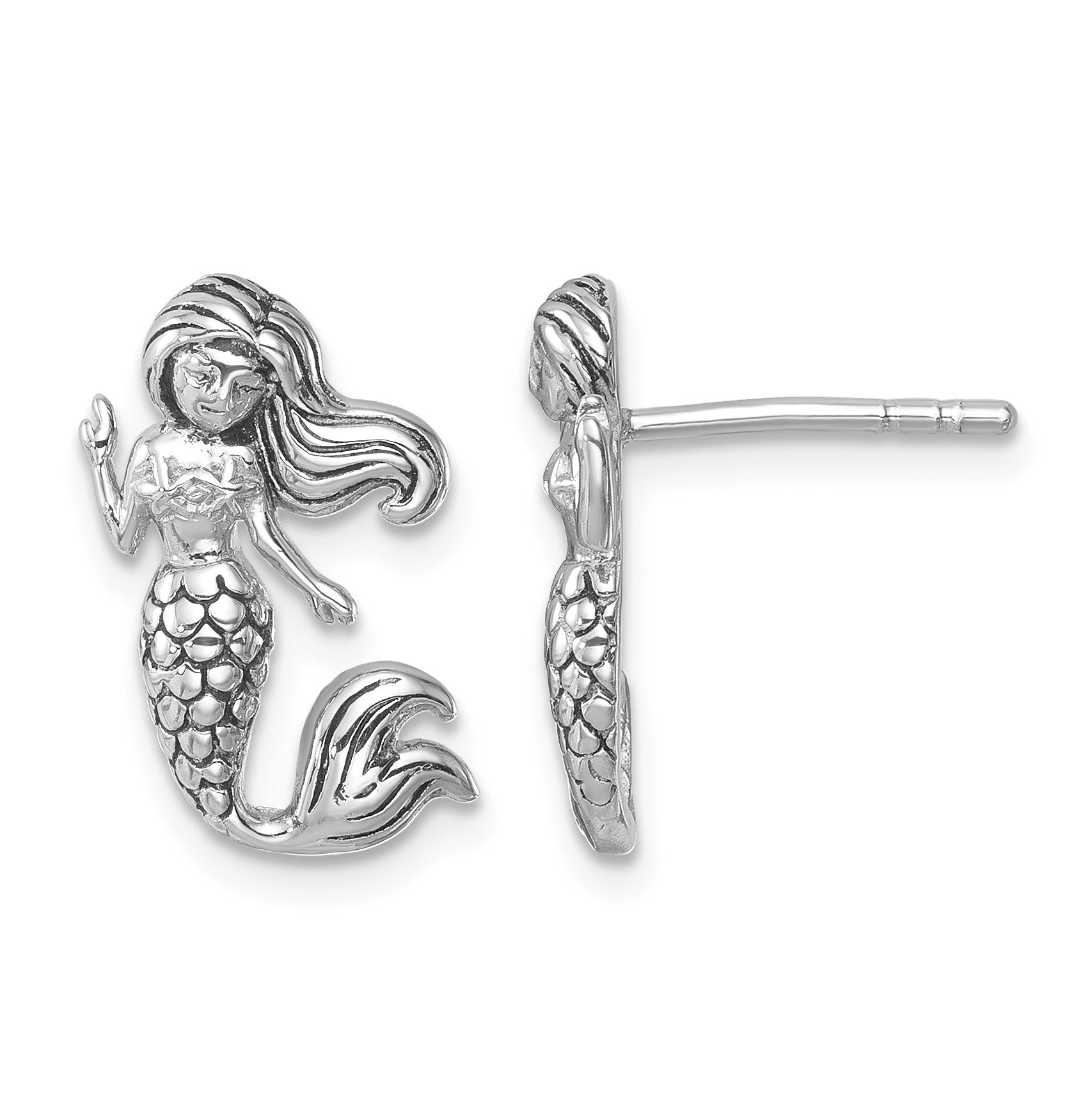 Sterling Silver Rhodium-Plated Antiqued Mermaid Earrings