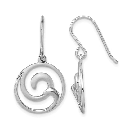 Sterling Silver Rhodium-Plated Polished and Brushed Double Wave Dangle Earrings