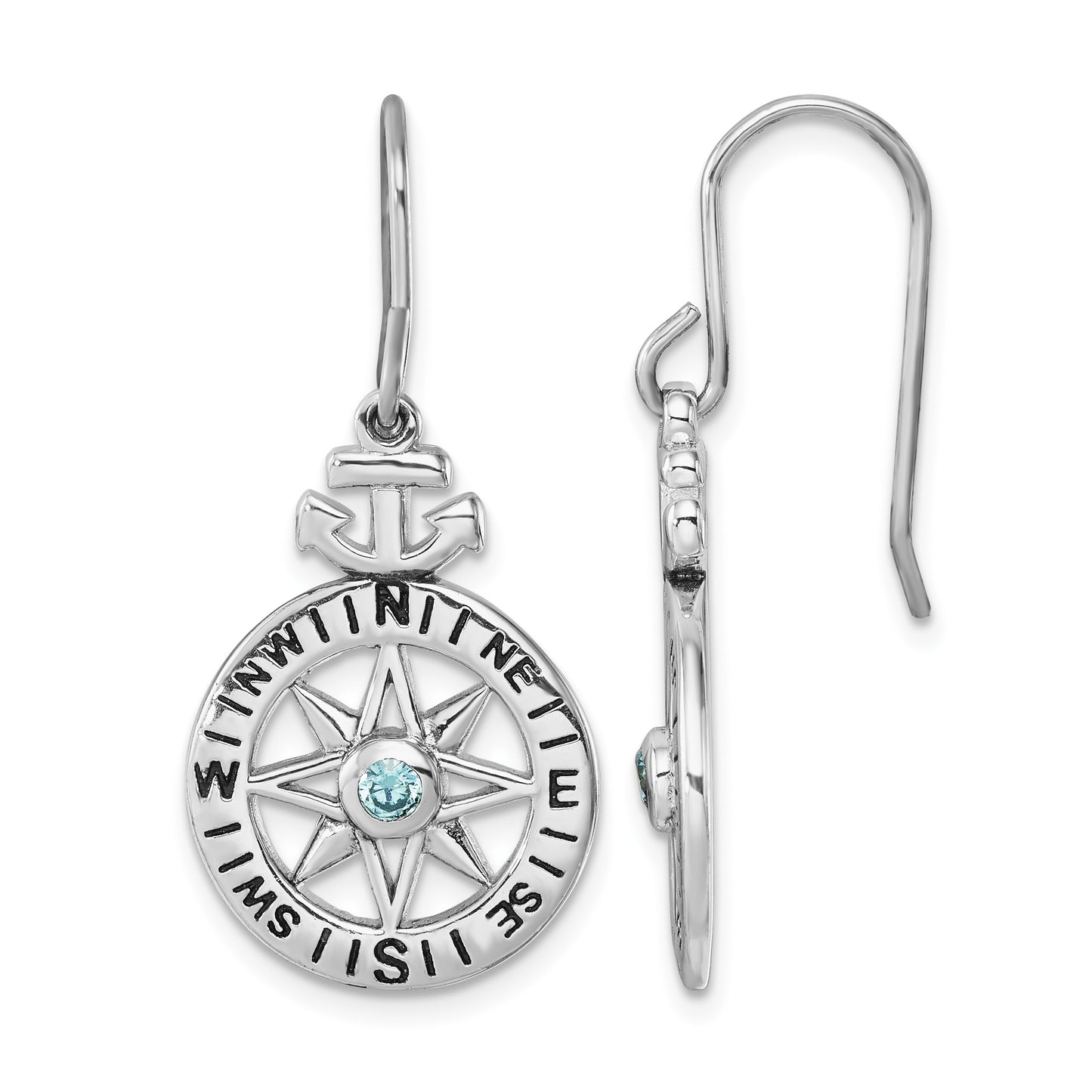 Sterling Silver Rhodium-Plated Polished CZ Compass Dangle Earrings