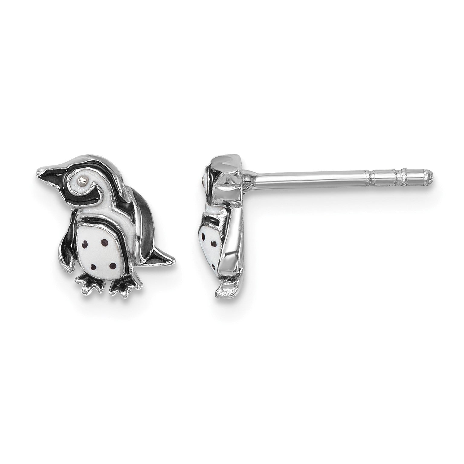 Sterling Silver Rhodium-plated Polished Enamel Penguin Post Earrings