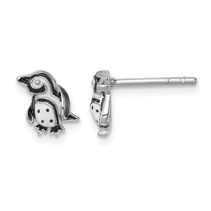 Sterling Silver Rhodium-plated Polished Enamel Penguin Post Earrings