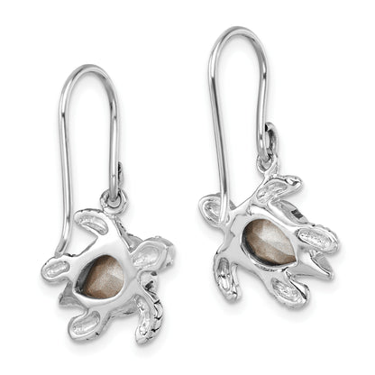 Sterling Silver Rhodium-plated Polished and Antiqued Blue Crystal Turtle Dangle Earrings
