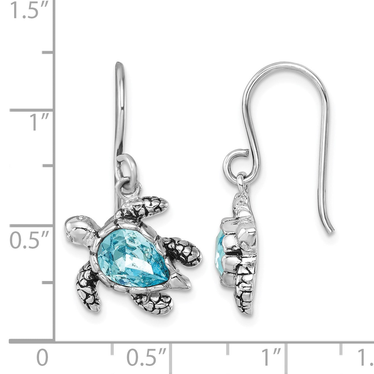 Sterling Silver Rhodium-plated Polished and Antiqued Blue Crystal Turtle Dangle Earrings
