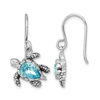Sterling Silver Rhodium-plated Polished and Antiqued Blue Crystal Turtle Dangle Earrings