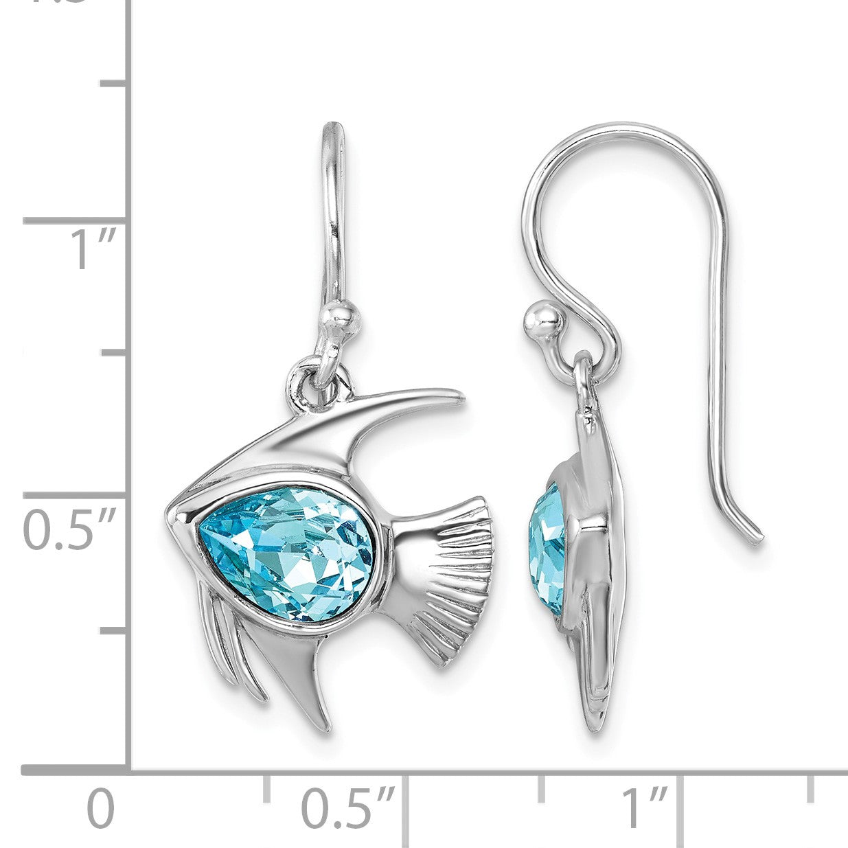 Sterling Silver Rhodium-plated Polished Blue Crystal Angel Fish Dangle Earr