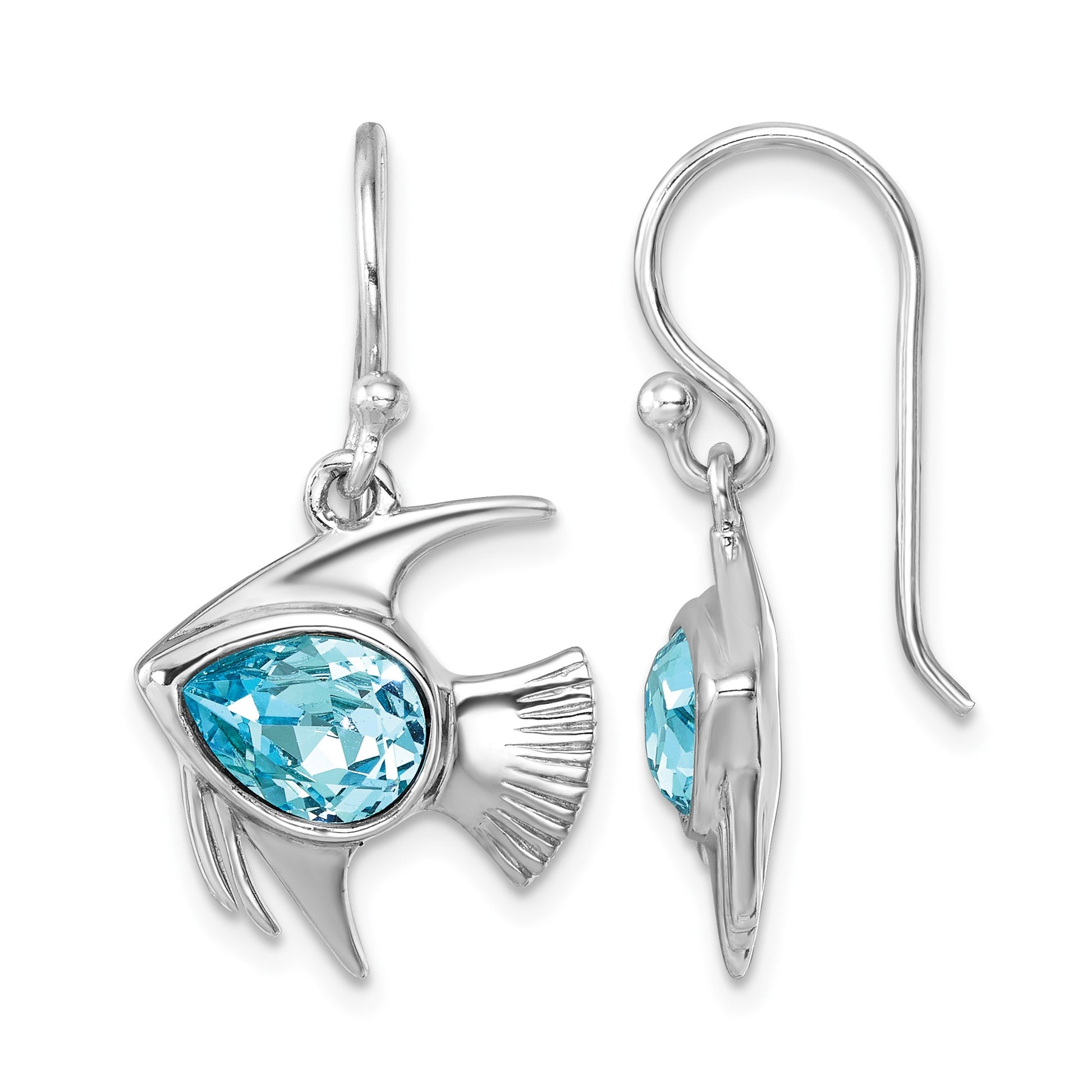 Sterling Silver Rhodium-plated Polished Blue Crystal Angel Fish Dangle Earr