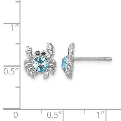 Sterling Silver Rhodium-plated Polished Blue Crystal Crab Post Earrings