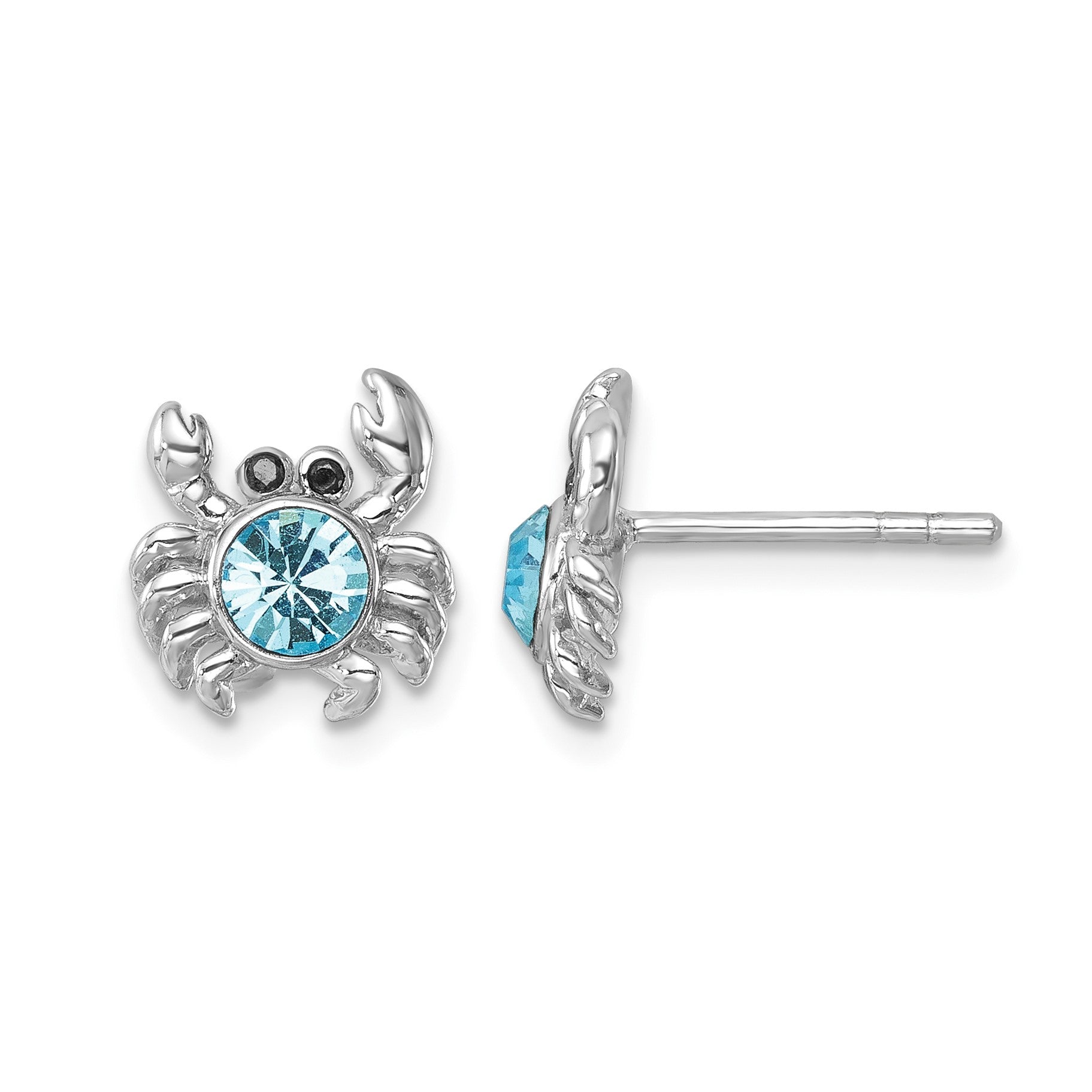 Sterling Silver Rhodium-plated Polished Blue Crystal Crab Post Earrings