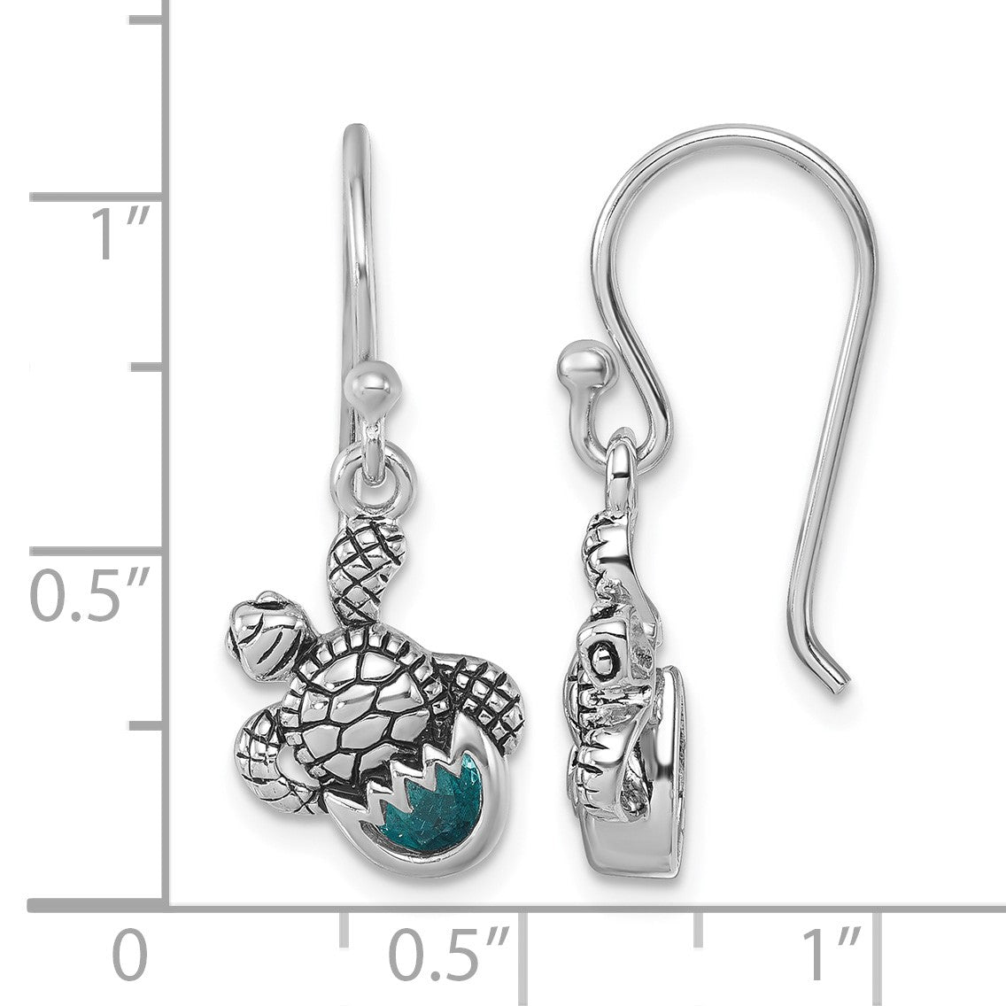 Sterling Silver Rhodium-Plated Antiqued Blue Crystal Hatching Turtle Dangle Earrings