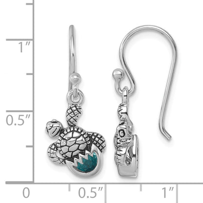 Sterling Silver Rhodium-Plated Antiqued Blue Crystal Hatching Turtle Dangle Earrings
