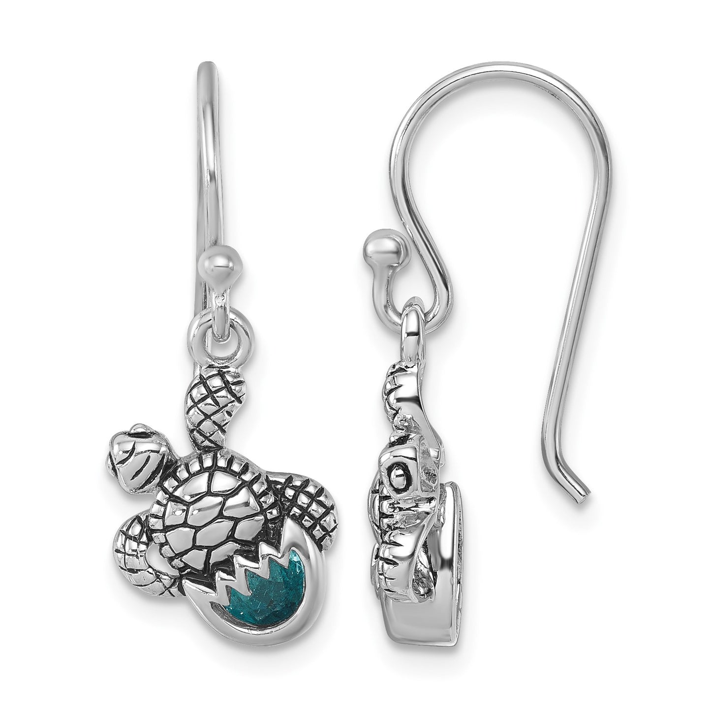Sterling Silver Rhodium-Plated Antiqued Blue Crystal Hatching Turtle Dangle Earrings