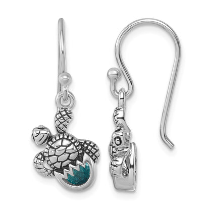Sterling Silver Rhodium-Plated Antiqued Blue Crystal Hatching Turtle Dangle Earrings