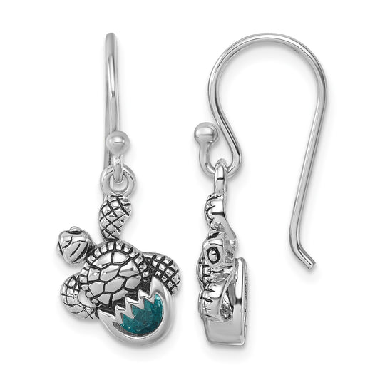 Sterling Silver Rhodium-Plated Antiqued Blue Crystal Hatching Turtle Dangle Earrings
