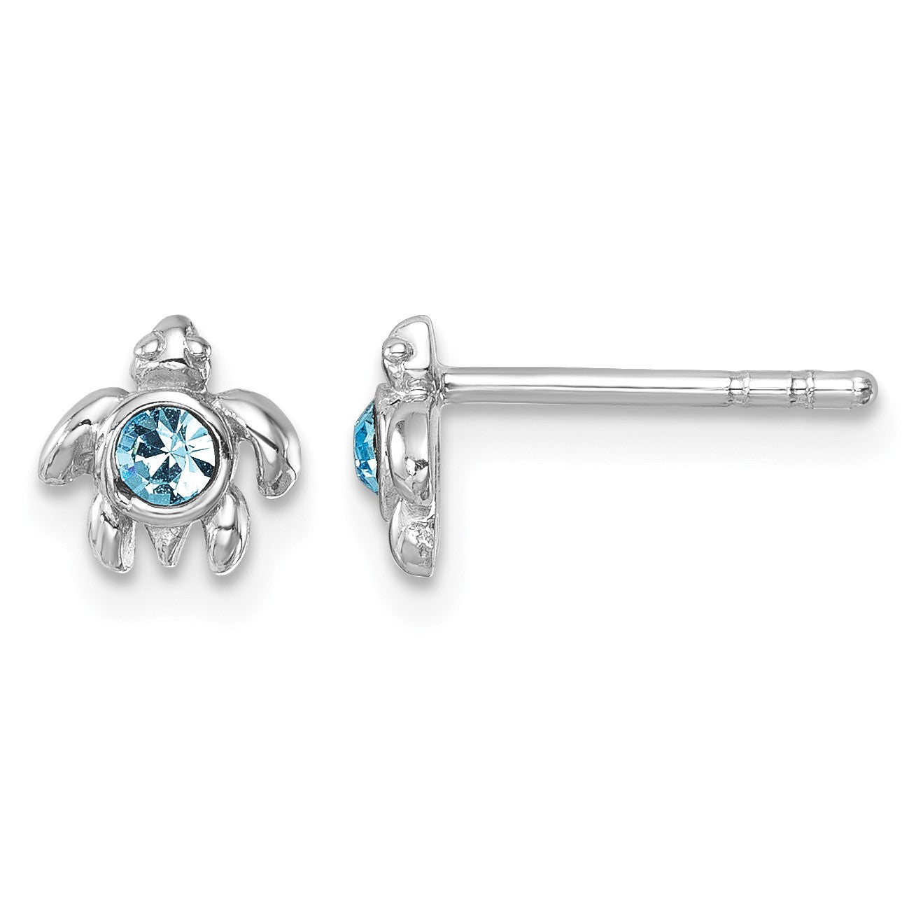 Sterling Silver Rhodium-Plated Polished Blue Crystal Inlay Tiny Turtle Post Earrings