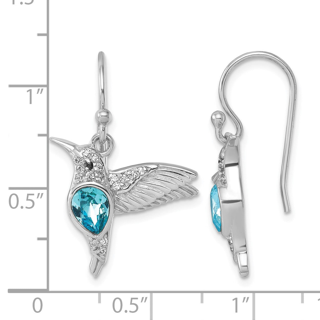 Sterling Silver Rhodium-plated Polished Crystal Inlay Hummingbird Dangle Earrings