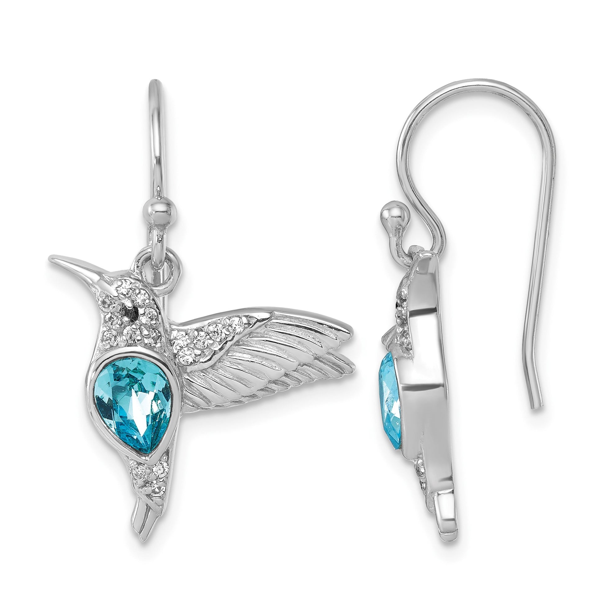 Sterling Silver Rhodium-plated Polished Crystal Inlay Hummingbird Dangle Earrings