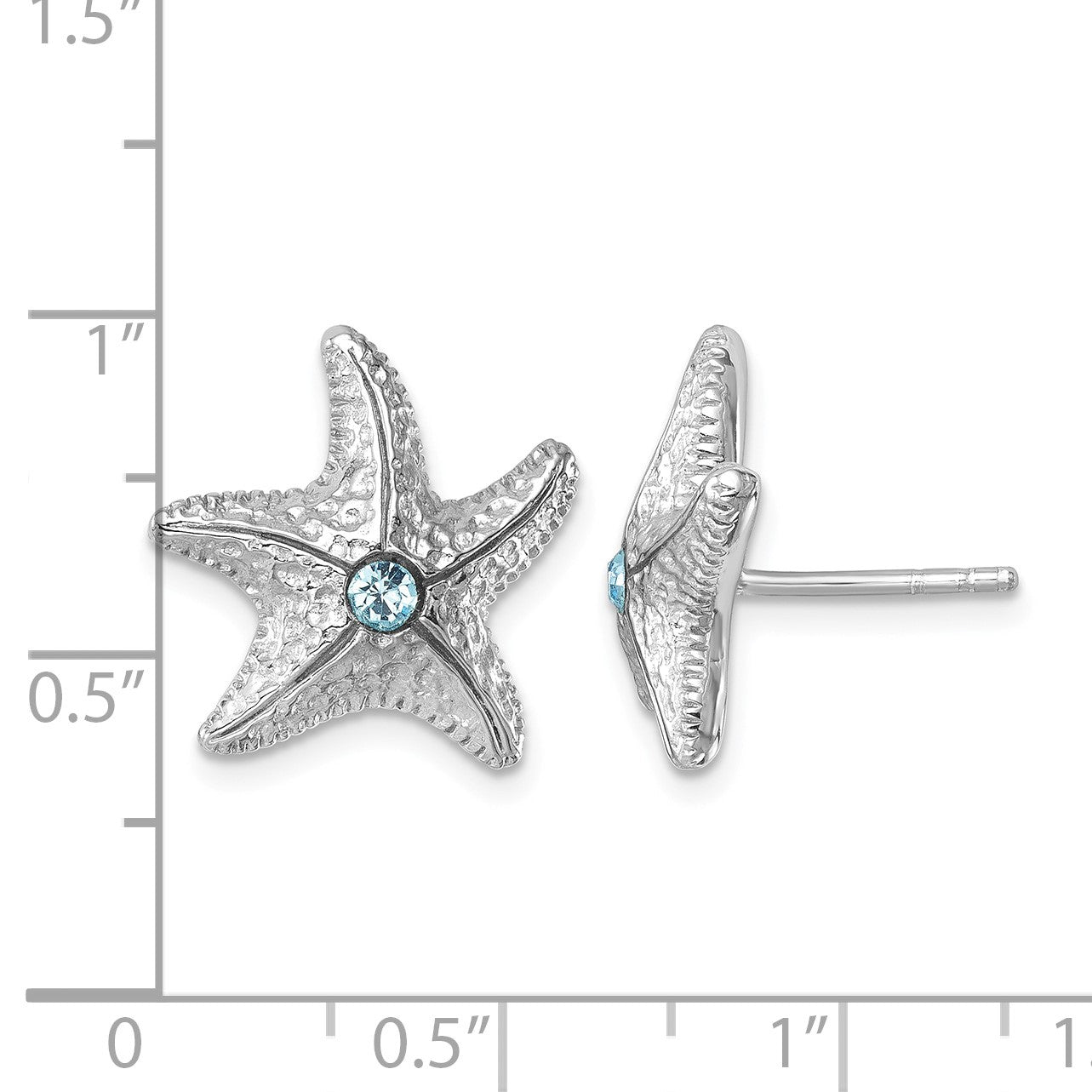 Sterling Silver Rhodium-Plated Polished and Textured Crystal Starfish Post Earrings