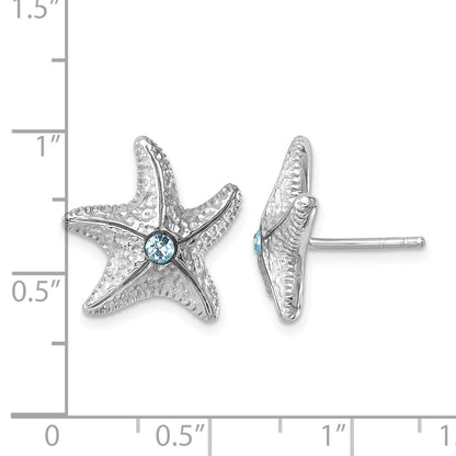Sterling Silver Rhodium-Plated Polished and Textured Crystal Starfish Post Earrings