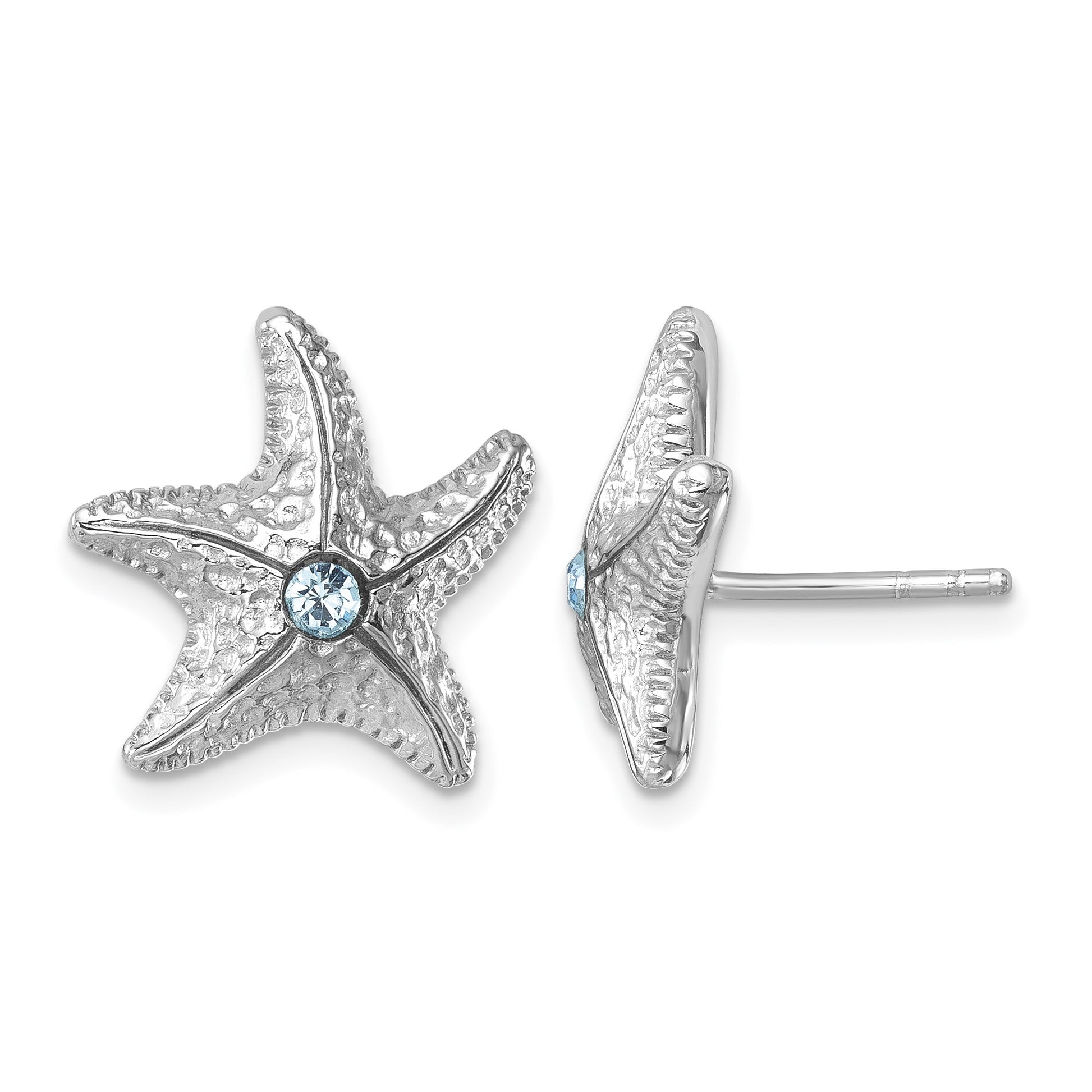 Sterling Silver Rhodium-Plated Polished and Textured Crystal Starfish Post Earrings