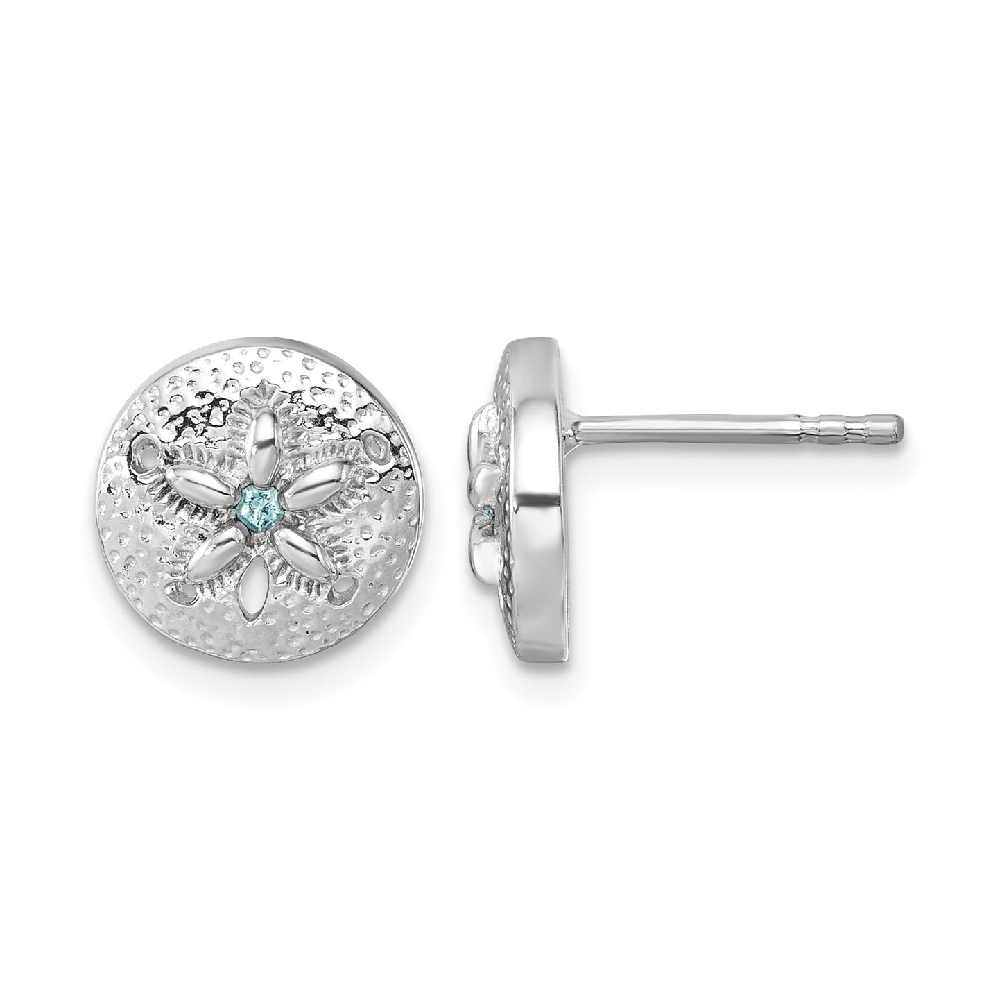 Sterling Silver Rhodium-Plated Textured Crystal Sand Dollar Post Earrings