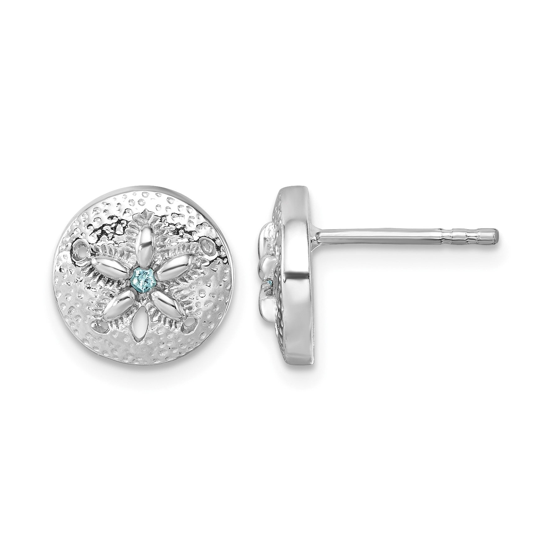 Sterling Silver Rhodium-Plated Textured Crystal Sand Dollar Post Earrings