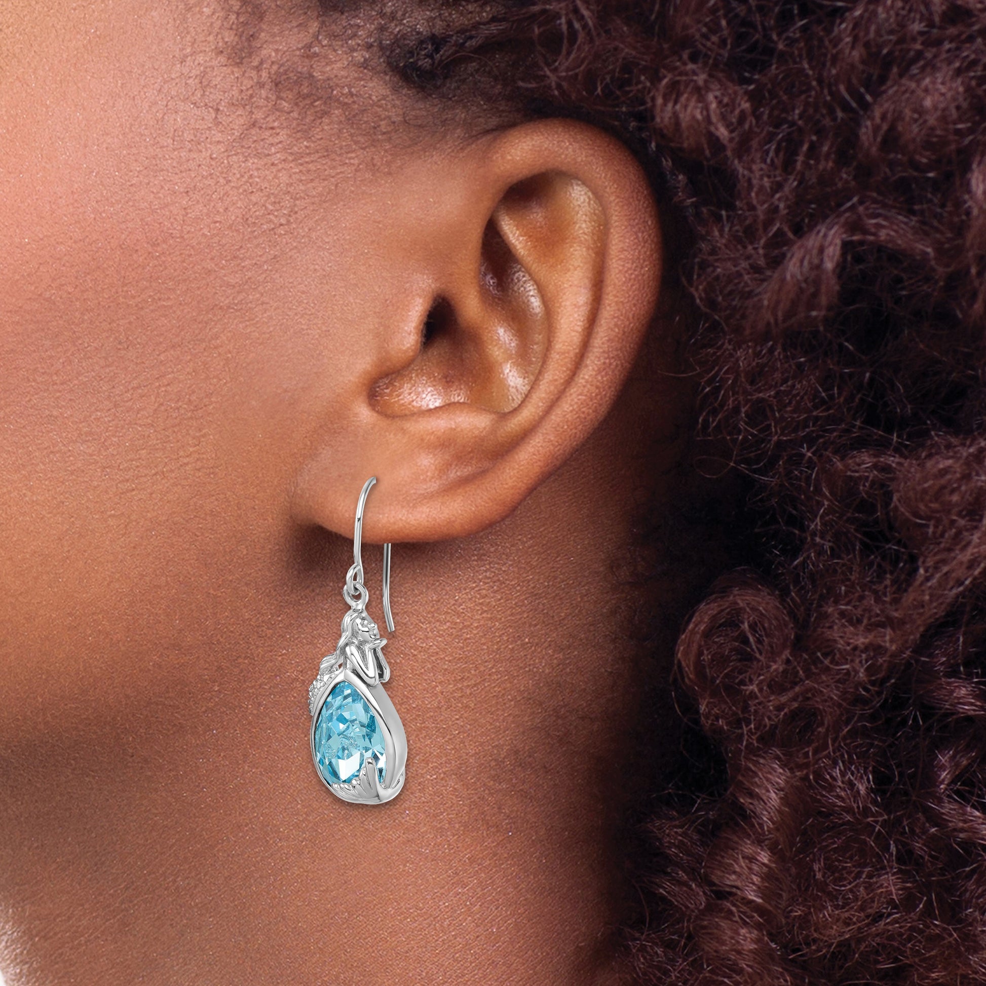 Sterling Silver Rhodium-Plated Polished CZ Mermaid Dangle Earrings