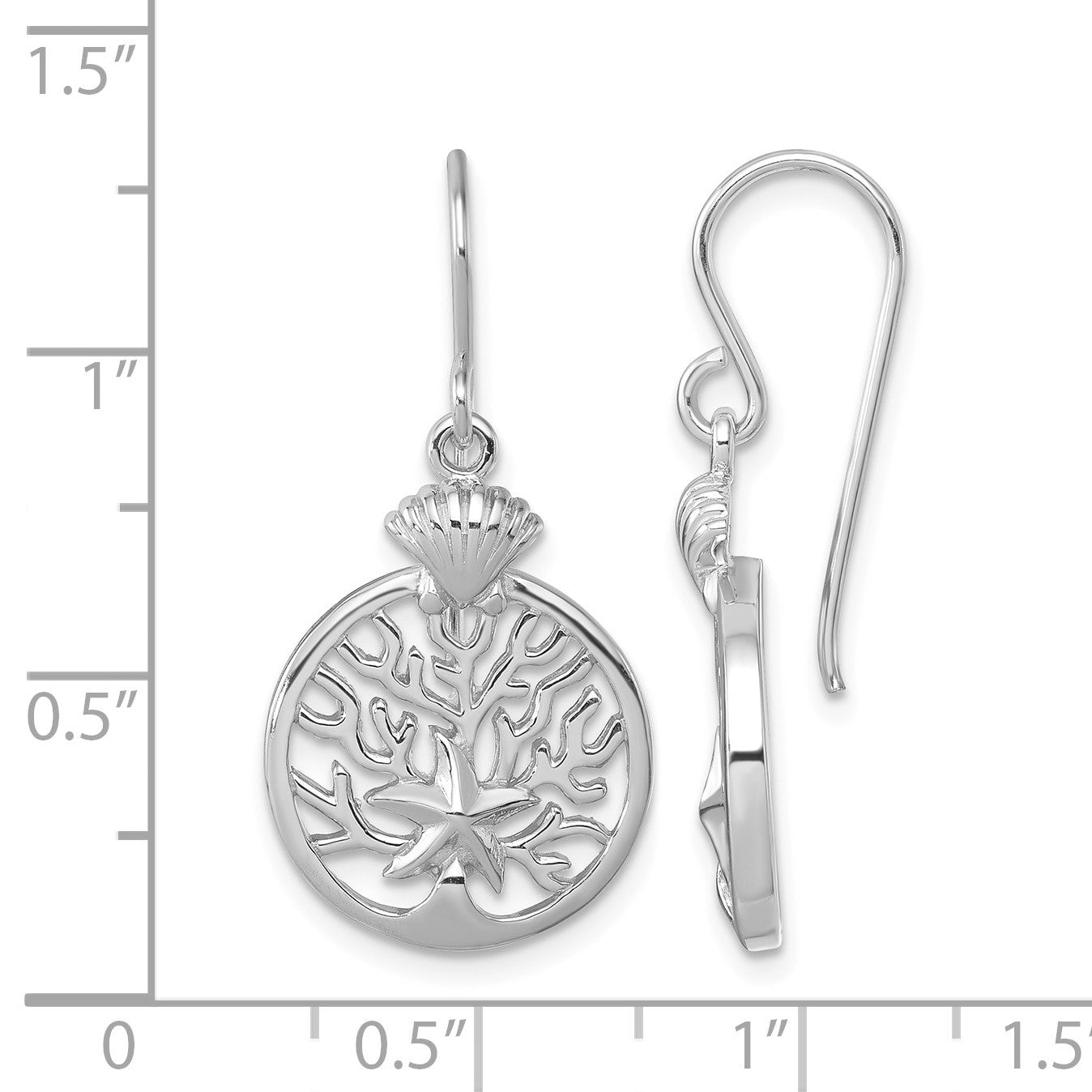 Sterling Silver Rhodium-plated Polished Starfish and Scallop Shell Reef Dangle Earring