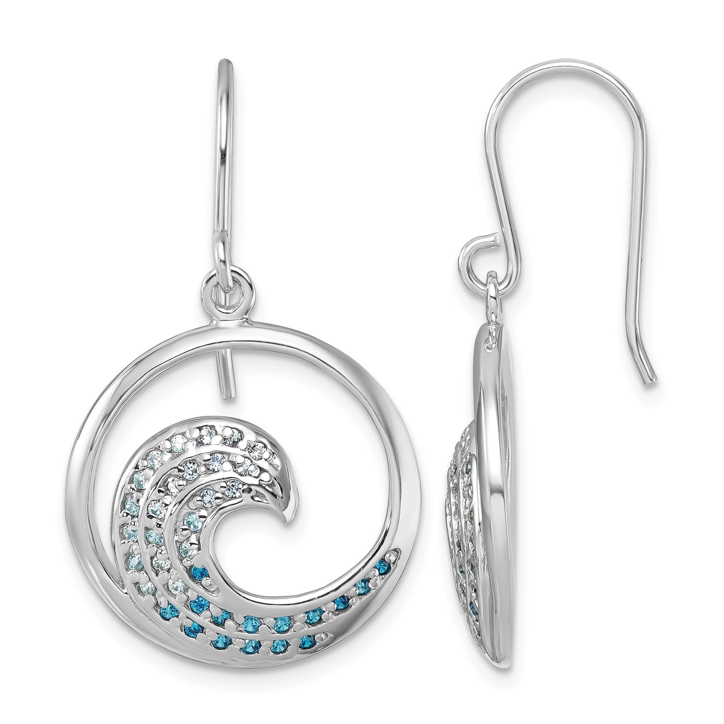 Sterling Silver Rhodium-Plated Polished CZ Wave Dangle Earrings