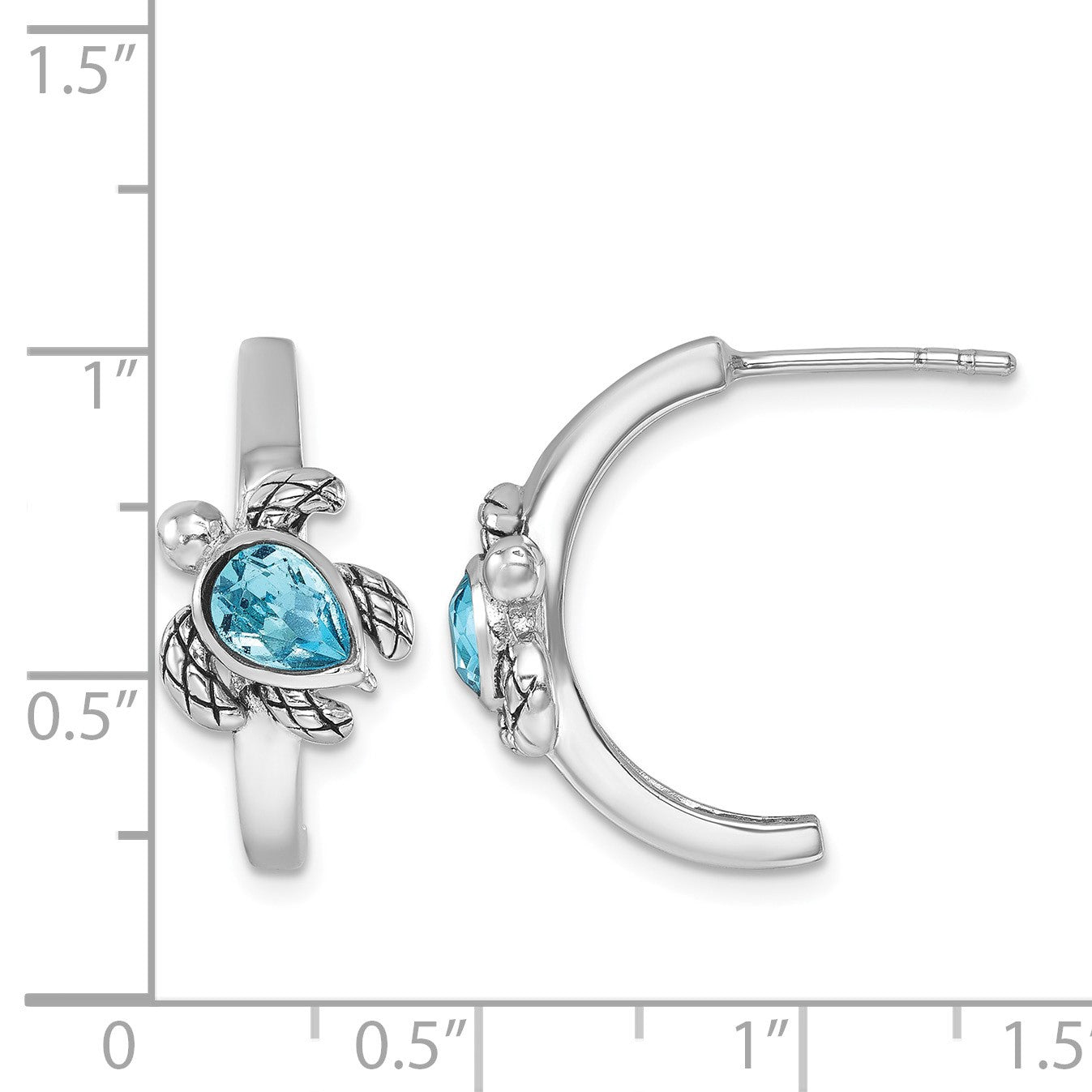 Sterling Silver Rhodium-plated Polished and Antiqued Blue Crystal Turtle J-Hoop Earrings