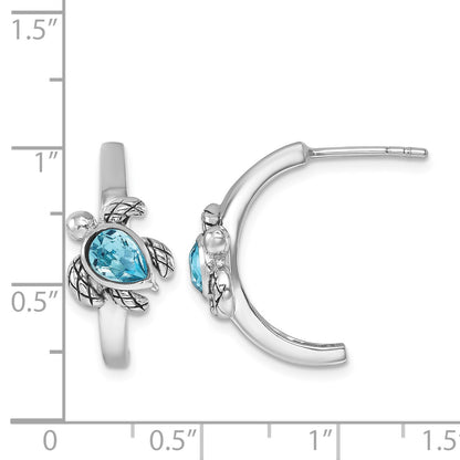 Sterling Silver Rhodium-plated Polished and Antiqued Blue Crystal Turtle J-Hoop Earrings