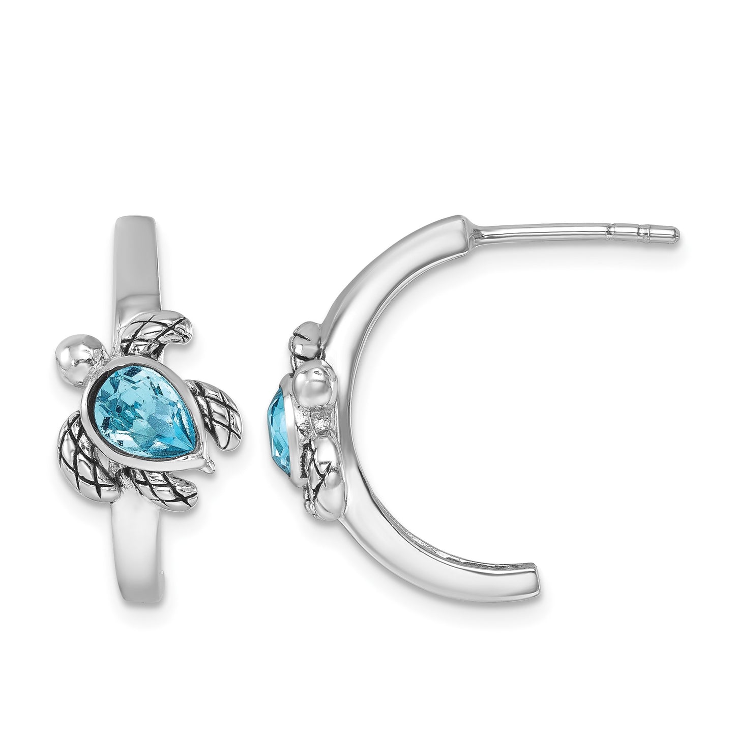 Sterling Silver Rhodium-plated Polished and Antiqued Blue Crystal Turtle J-Hoop Earrings