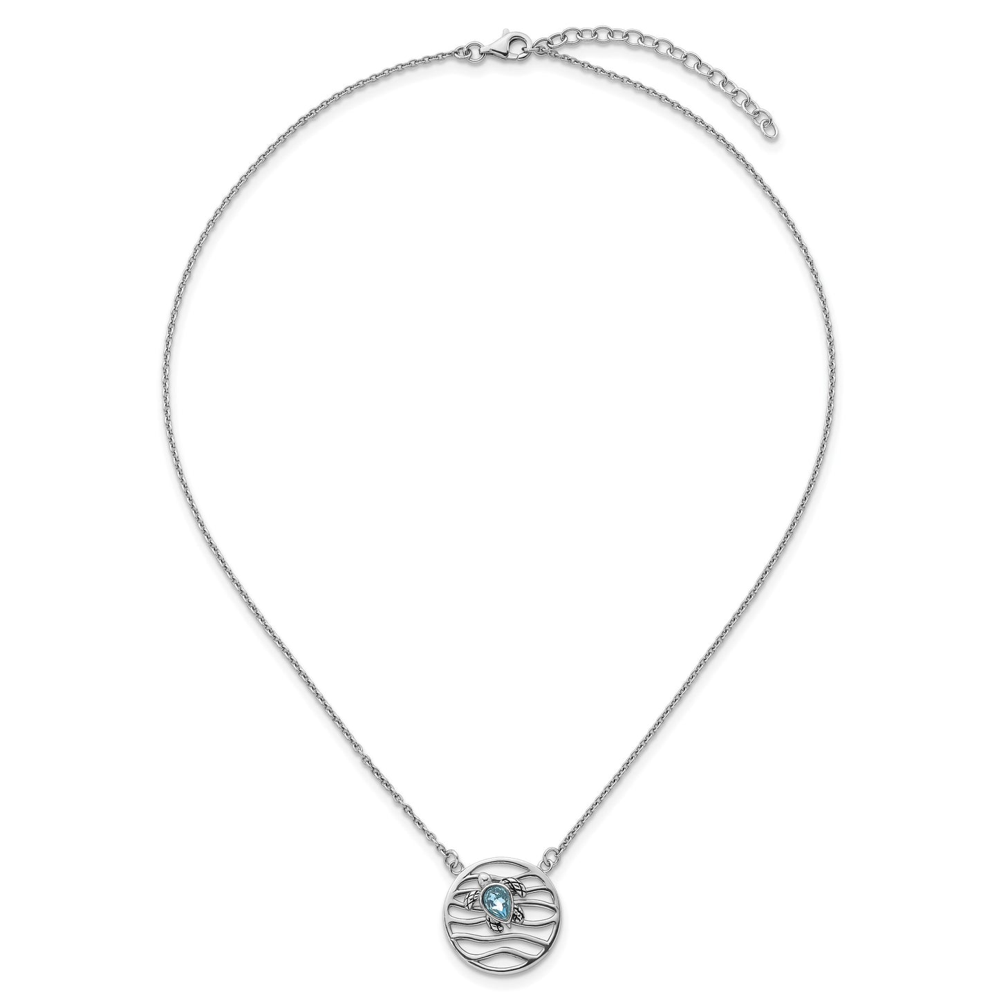 Sterling Silver Rhodium-plated Polished and Antiqued Blue Crystal Sliding Turtle 15.5 inch with a 2 inch extention Necklace