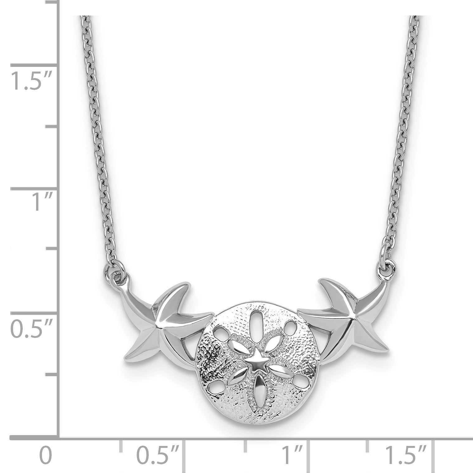Sterling Silver Rhodium-Plated Polished Sand Dollar and Starfish 16.5 inch with a 2 inch extention Necklace
