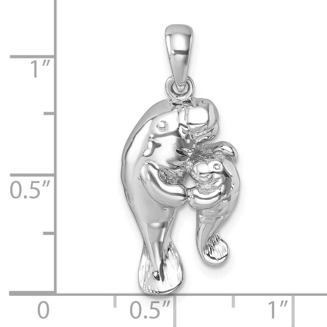 Sterling Silver Rhodium-plated Polished Manatee and Baby Pendant