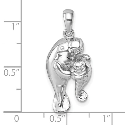 Sterling Silver Rhodium-plated Polished Manatee and Baby Pendant