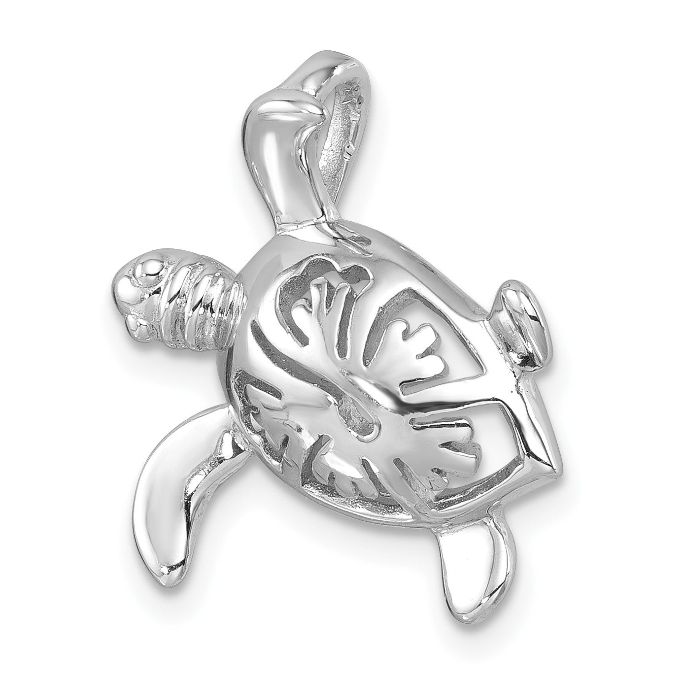 Sterling Silver Rhodium-Plated Polished Flower Back Turtle Chain Slide