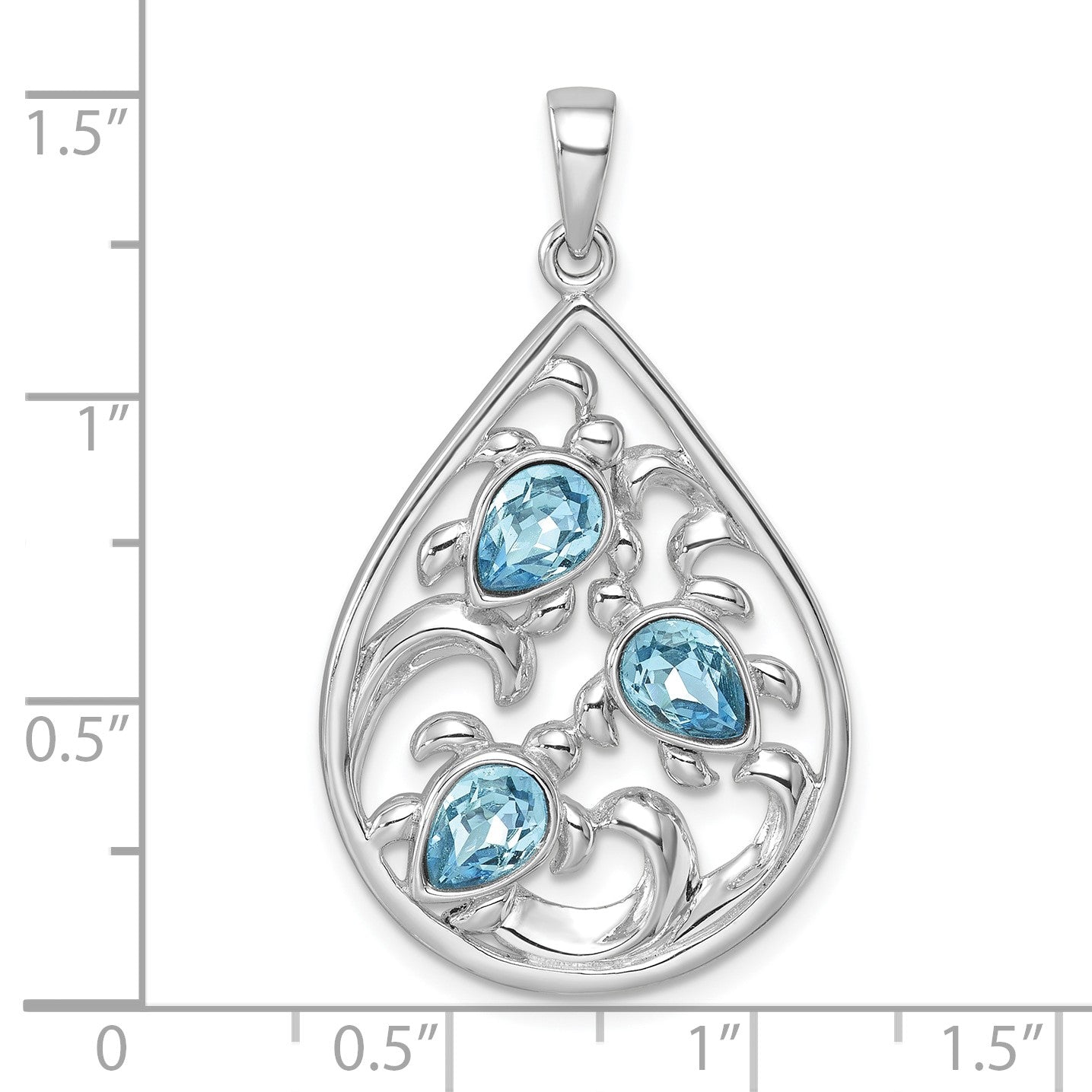 Sterling Silver Rhodium-plated Polished Triple Crystal Turtle Ocean Wave Pendant