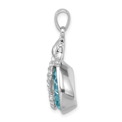 Sterling Silver Rhodium-plated Polished Crystal Background Seahorse Pendant